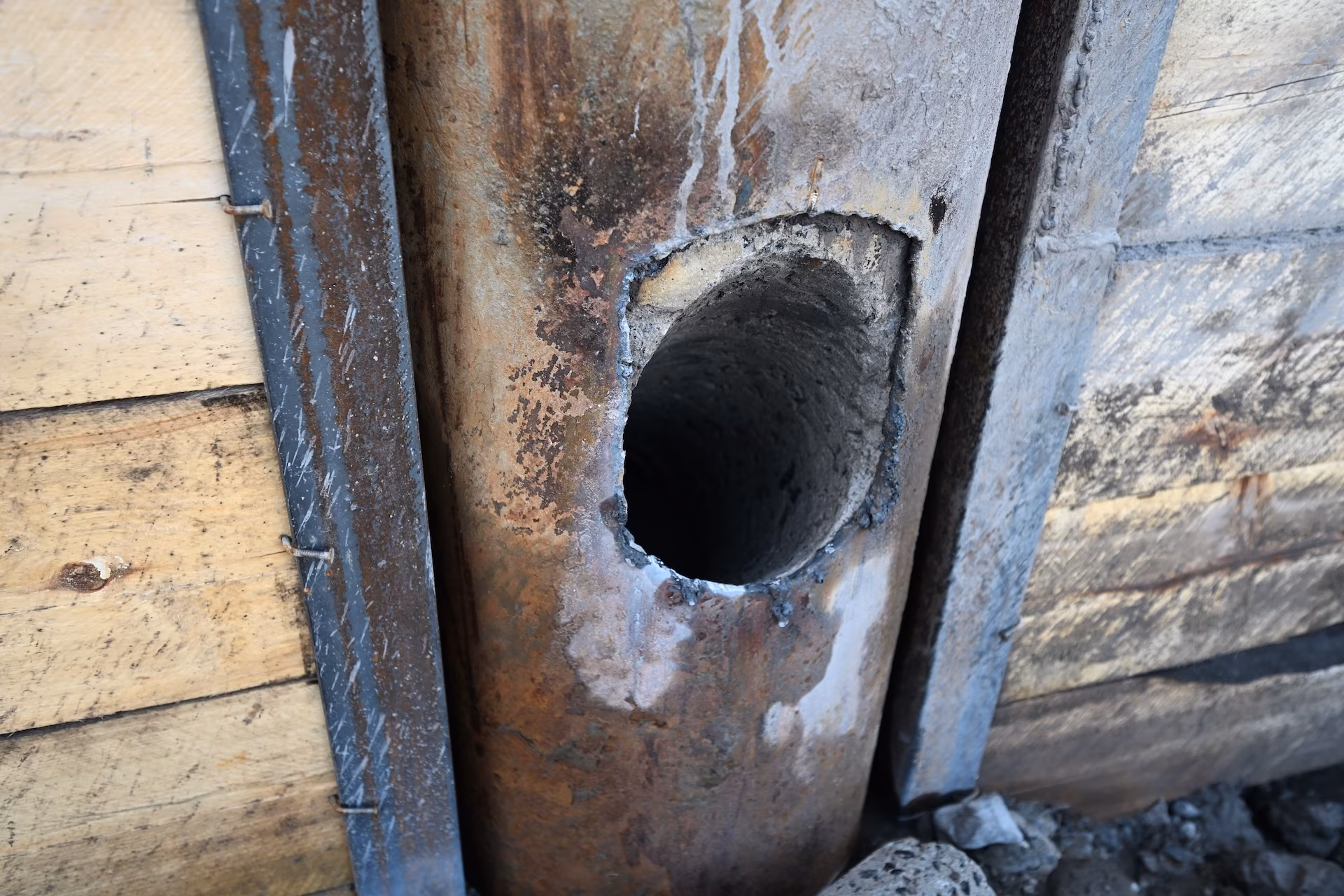 Close-up of a rusted metal pipe with a rough circular hole cut into it, surrounded by wooden planks and metal framing.